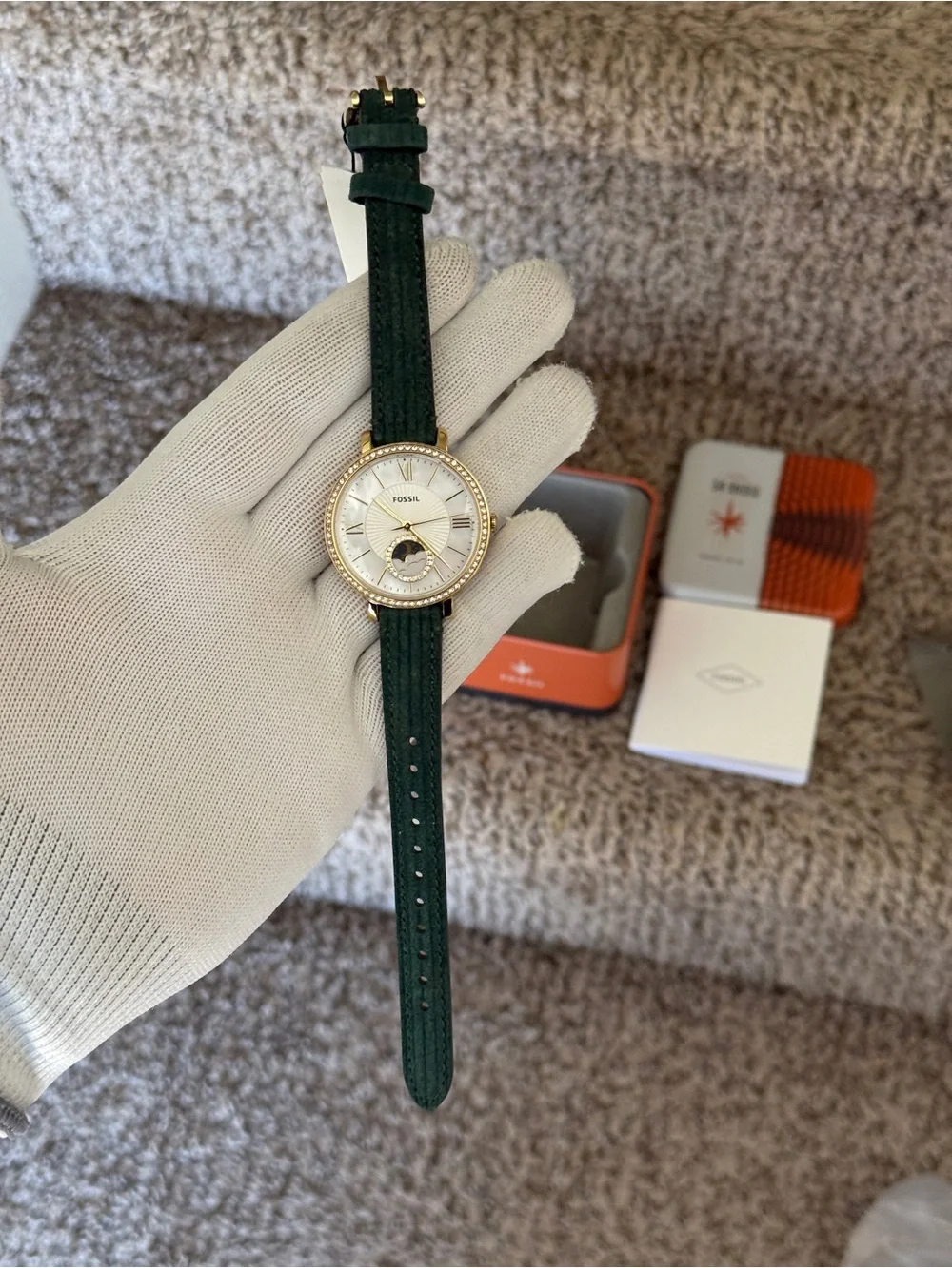 Fossil Women's Jacqueline Moonphase Green Leather Strap Gold Crystal Dial Watch